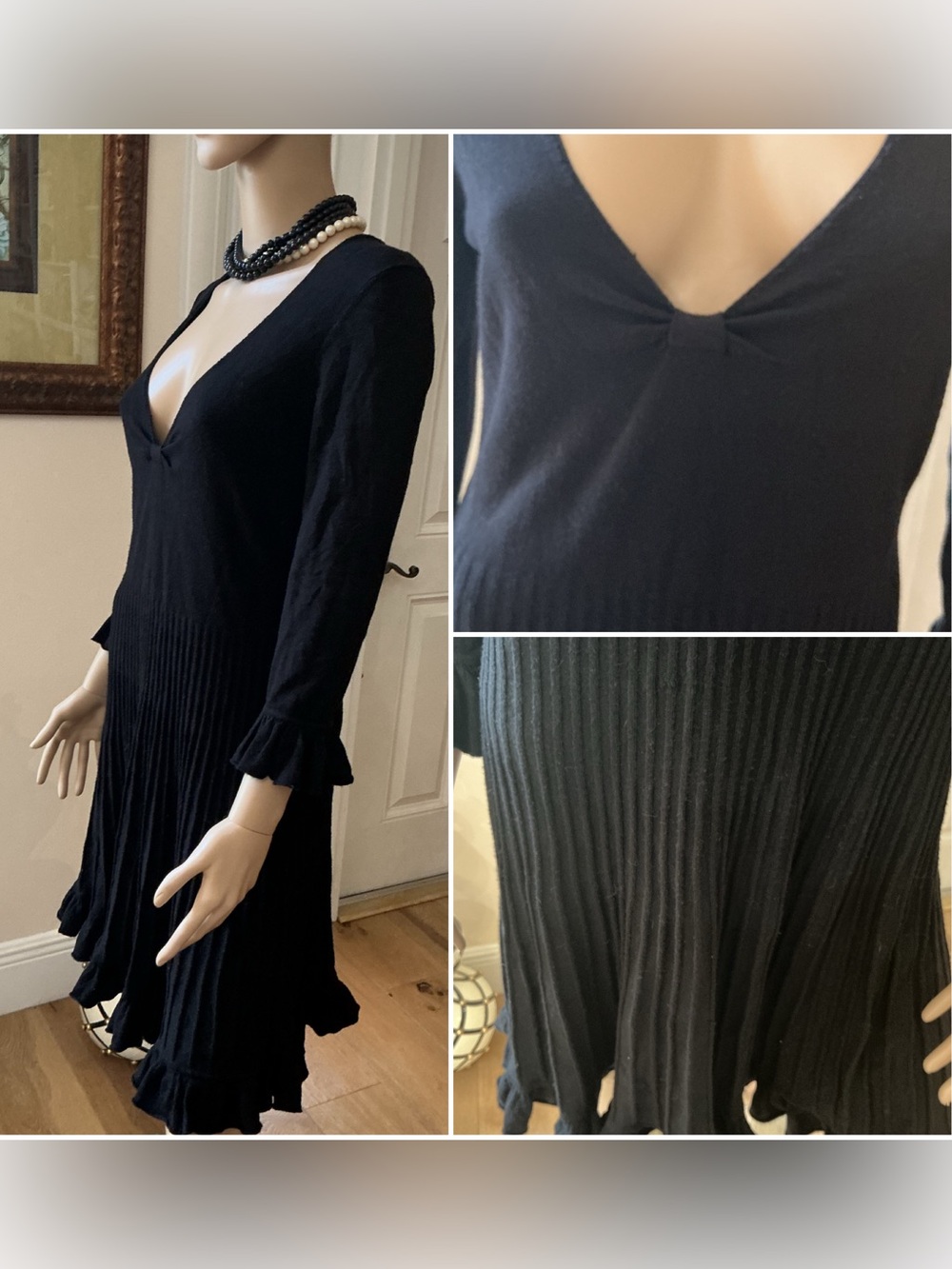 Rebecca Taylor Black V Ruffle-Hem Sweater Dress - Picture 2 of 4